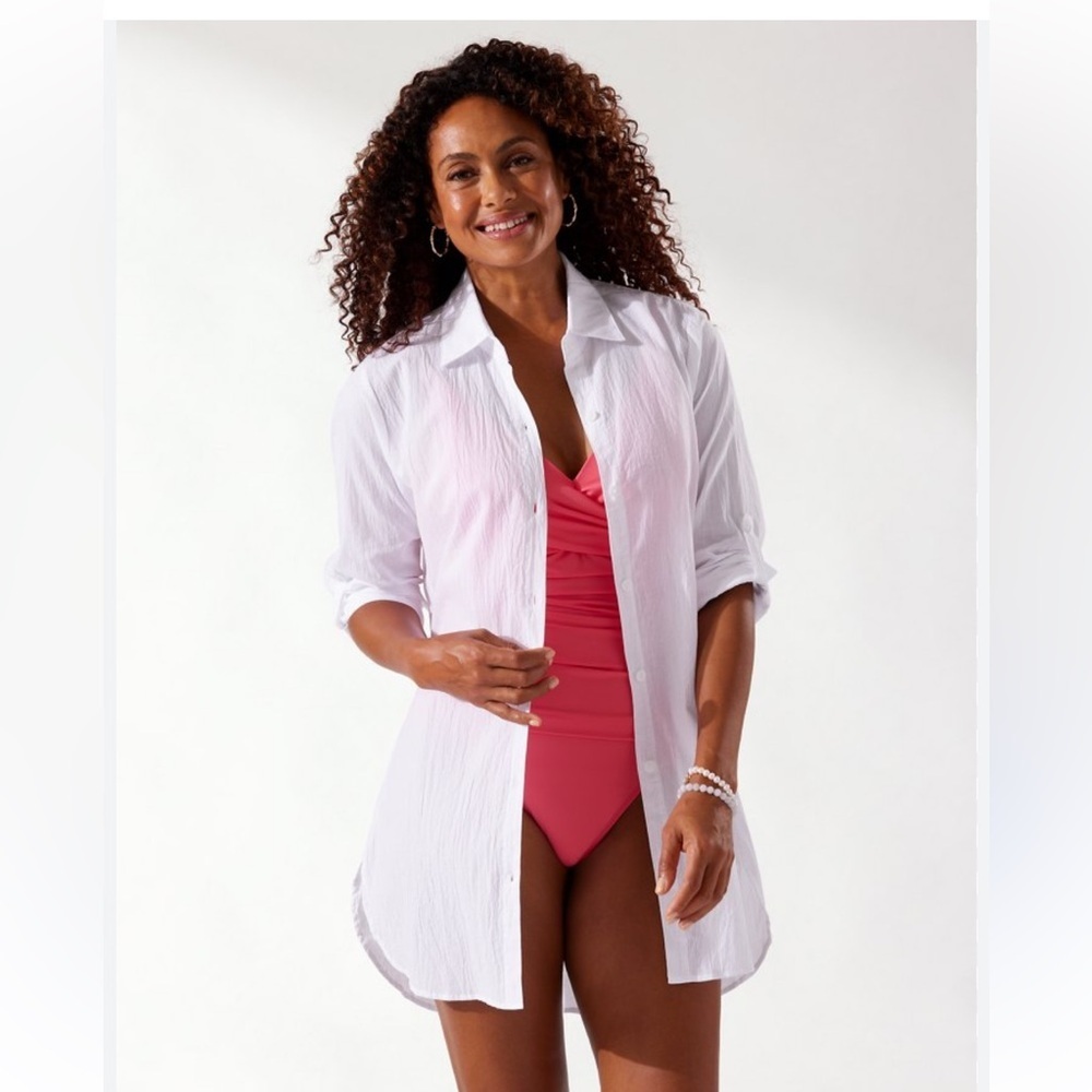 Tommy Bahama Crinkle Cotton Point Collar Long Roll-Tab Sleeve Boyfriend Shirt SM